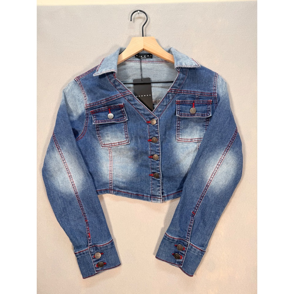 Sumwon Cropped Streetwear Denim Jacket Medium Wash Red Stitching Womens Size‎ M